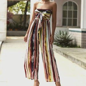 Multicolor Strapless Stripe Lace-Up Jumpsuit L
